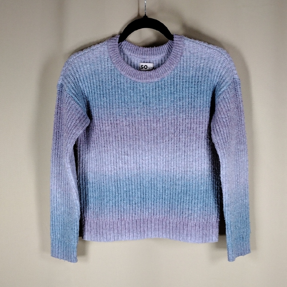 SO Sweater Girls Size 14–16 Blue Purple Ombre Knit Boxy Crew Neck Casual Stretch